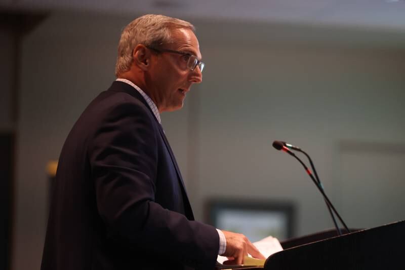 Attorney Chris Spesia speaks at the Joliet Plan Commission meeting. Thursday, April 21, 2022, in Joliet.