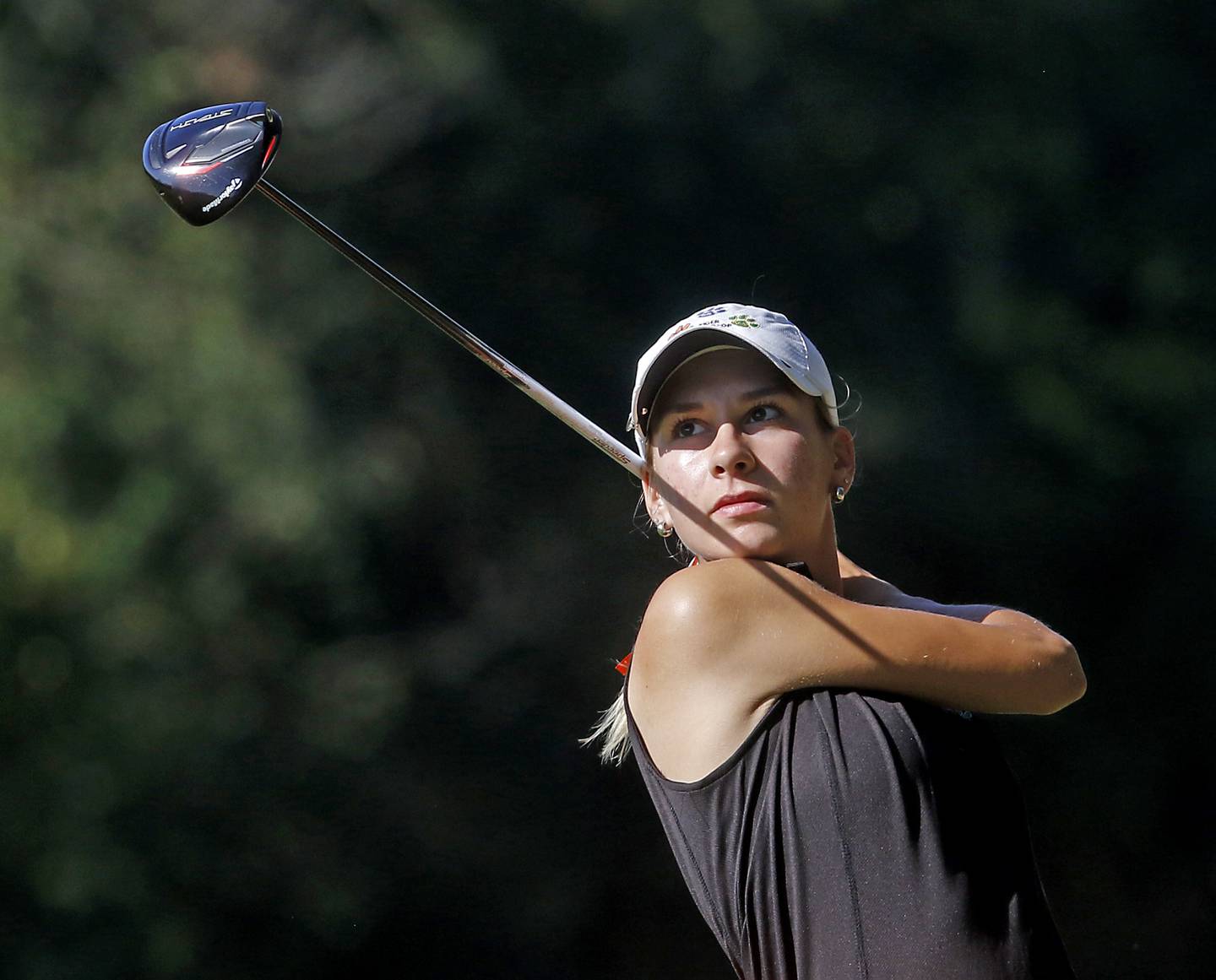 Crystal Lake Central’s Madeline Trannel watches her tee shot on the 5th hole during the Fox Valley Conference Girls Golf Tournament Wednesday, Sept. 25, 2024, at Crystal Woods Golf Club in Woodstock.