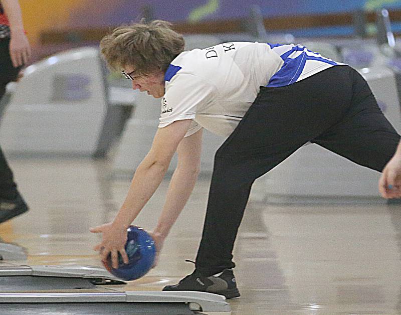 Princeton's Dawsyn Kinsley bowls in the Regional Bowling meet on Saturday, Jan. 14, 2023 at the Illinois Valley Super Bowl in Peru.