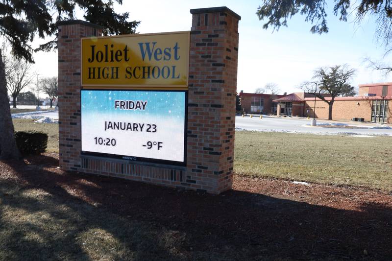Joliet West High School parking lot sits empty as classes were canceled due to the extreme cold temperatures on Friday, Jan 23, 2026 in Joliet.