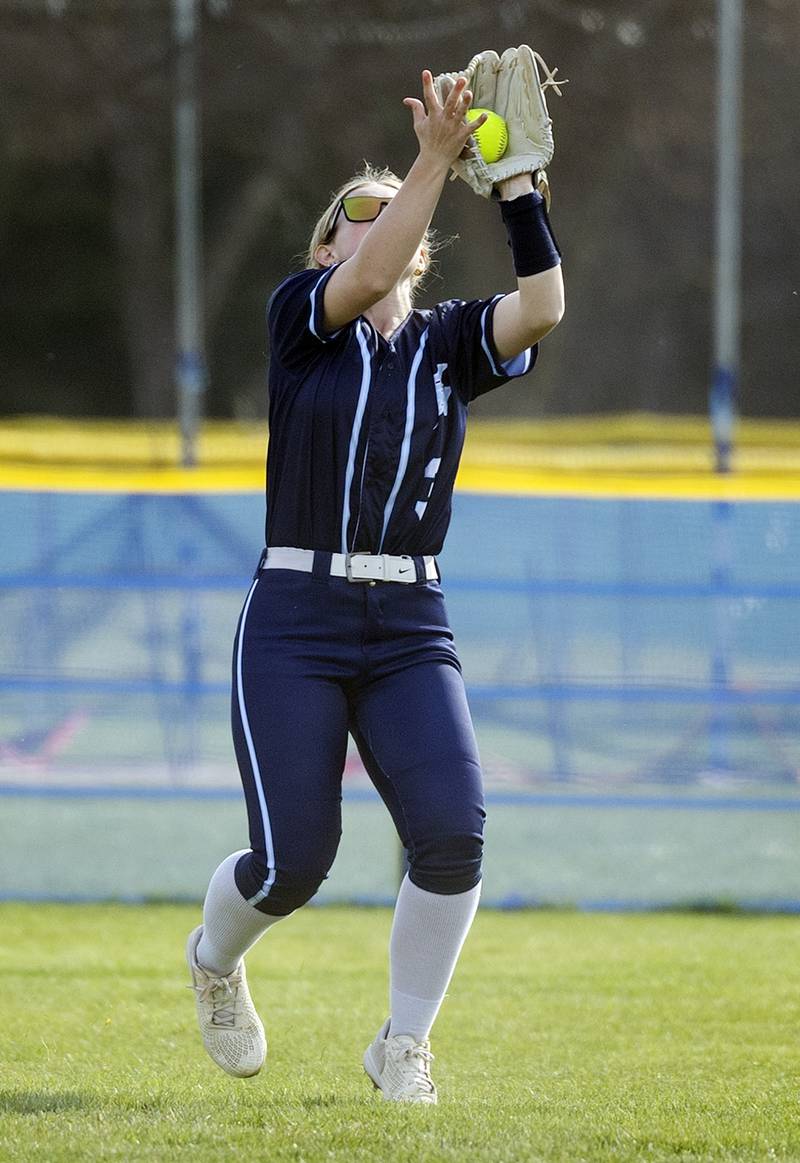 Bureau Valley’s Abby Jamison comes in for a catch against Newman Wednesday, April 16, 2025.