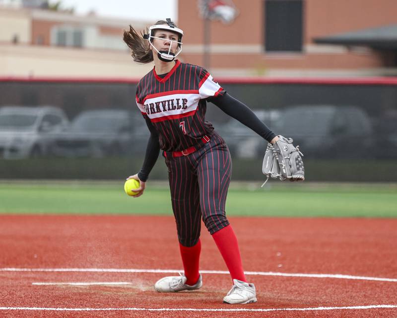 Yorkville's Peyton Levine (7) delivers a pitch during softball game between Joliet West at Yorkville on Wednesday, April 30, 2025 in Yorkville.