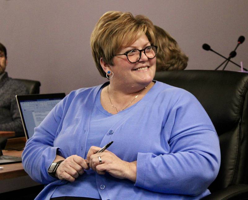 Dixon Public Schools Superintendent Margo Empen smiles a few moments before the board of education convenes its meeting on Wednesday, Oct. 20, 2022.