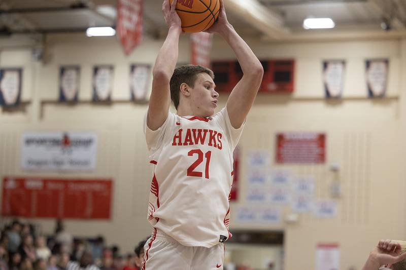 Oregon’s Tucker O’Brien pulls down a rebound against Dixon Tuesday, Feb. 4, 2025, in Oregon.