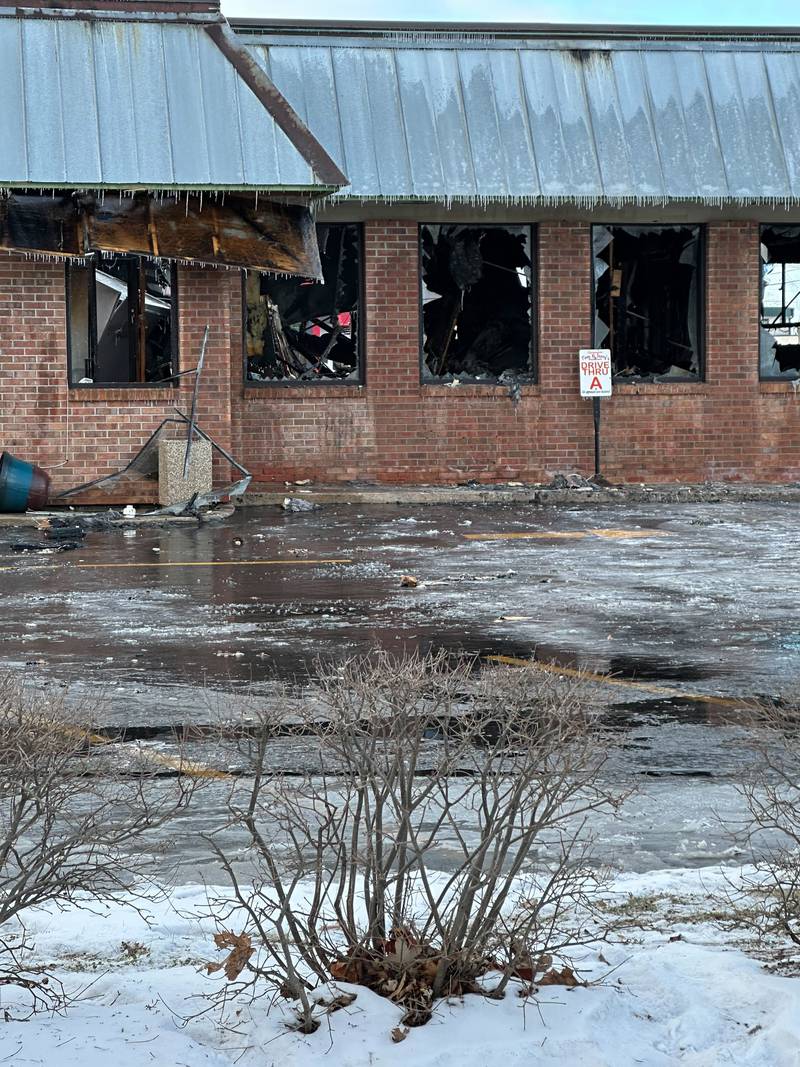 Windows are blown out as a result of a fire at Tom & Jerry's in Sycamore on Saturday morning