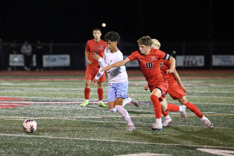 Kankakee's Angel Cruz and Bradley-Bourbonnais' Bennett Dykstra race for possession during the Boilermakers' 1-0 victory over Kankakee in the All-City matchup on Tuesday, Sept. 9, 2025.