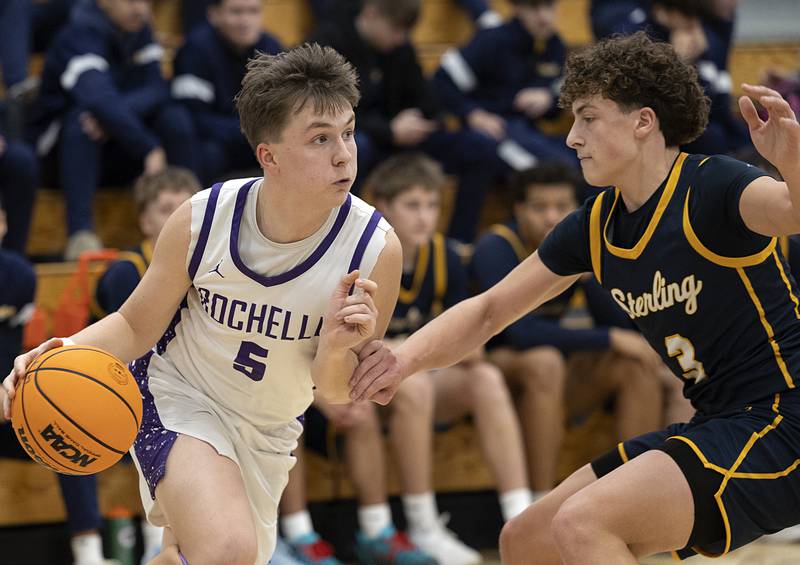 Rochelle’s Mason Ludwig drives against Sterling’s Brady Berlin Saturday, Jan. 3, 2026.