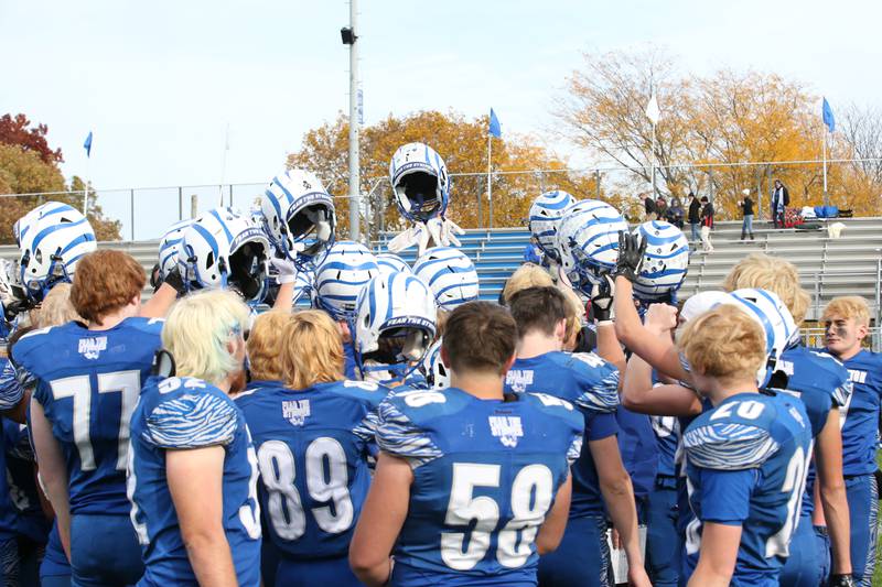 Members of the Princeton Tiger football team celebrate a win over Paxton-Buckley-Loda in the Class 3A playoff game on Saturday, Oct. 28, 2023 at Bryant Field.