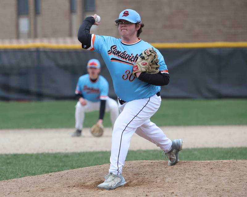 Sandwich's Brody Cole delivers a pitch against Aurora Christian on Tuesday, April 1, 2025 in Sandwich.