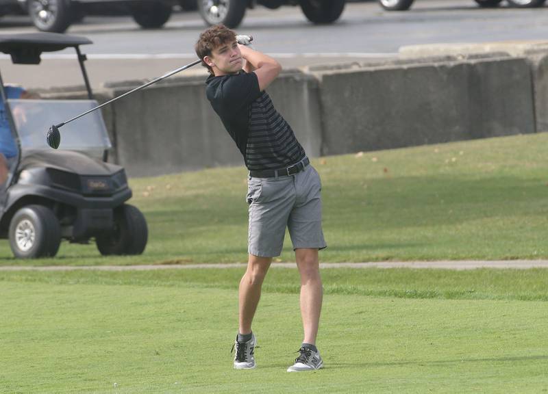 Woodland's Nolan Price tees off during the Class 1A Regionals on Wednesday, Oct. 1, 2025 at Deer Park Golf Club in Oglesby.