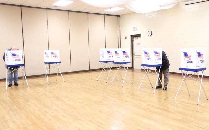 Voters fill their ballots out in voter booths on Tuesday, March 17, 2026 at the Bureau County Metro Center in Princeton.