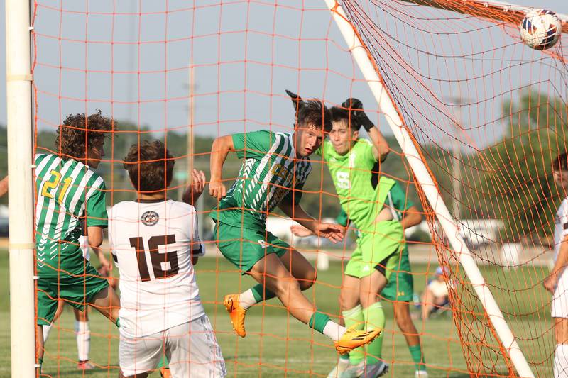 Providence’s Diego Rios scores on a header against Joliet Catholic on Aug. 21, 2023 in New Lenox.