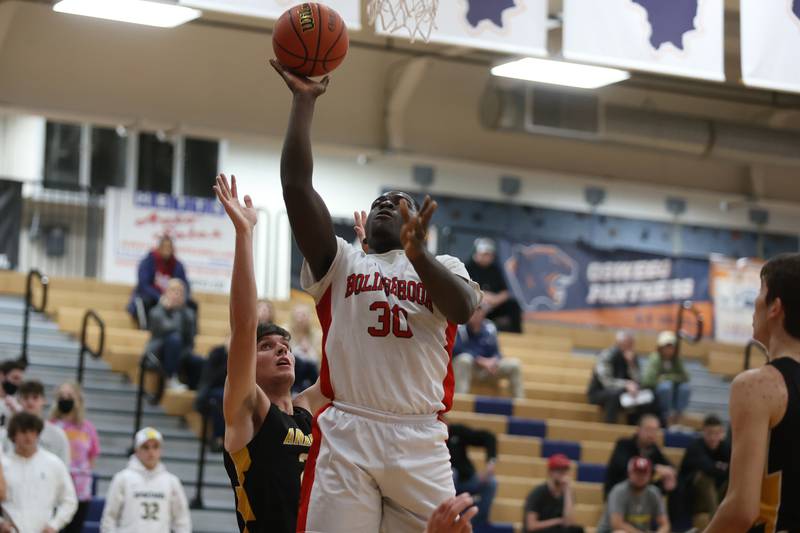 Bolingbrook’s Michael Osei-Bonsu lays in a shot against Andrew in the Class 4A Oswego Sectional semifinal. Wednesday, Mar. 2, 2022, in Oswego.