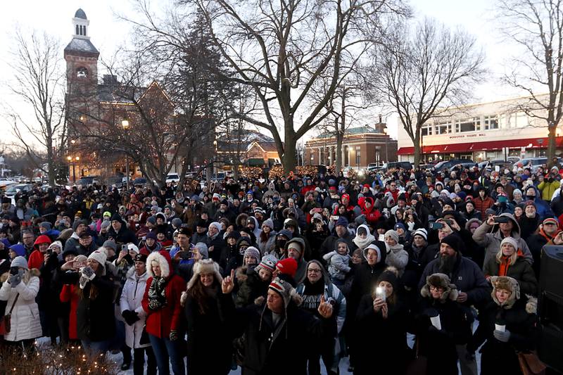 People fill parts of the Square to watch the festivities Thursday, Feb, 2, 2023, during the annual Groundhog Day Prognostication on the Woodstock Square.