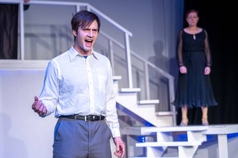 “Frank Abagnale Jr.” (Played by Payton Drake) sings on Monday, March 24, 2025 at River Valley Players Theatre in Henry.