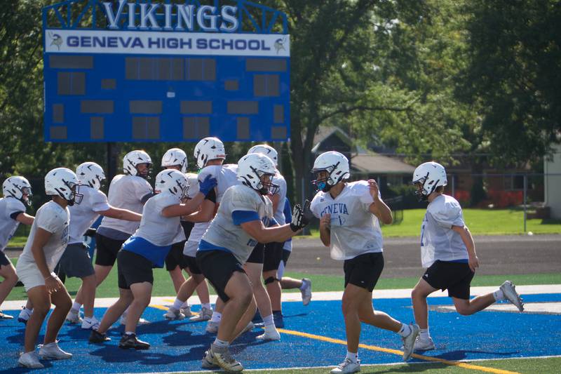 Geneva Varsity football run drills at practice on Thursday Aug.21,2025 in Geneva.