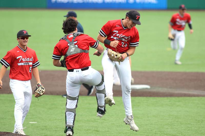 Triad’s Knights celebrate a win over Cary-Grove in IHSA Class 3A Third Place Game baseball action at Slammer Stadium in Joliet on Saturday, June 14, 2025.