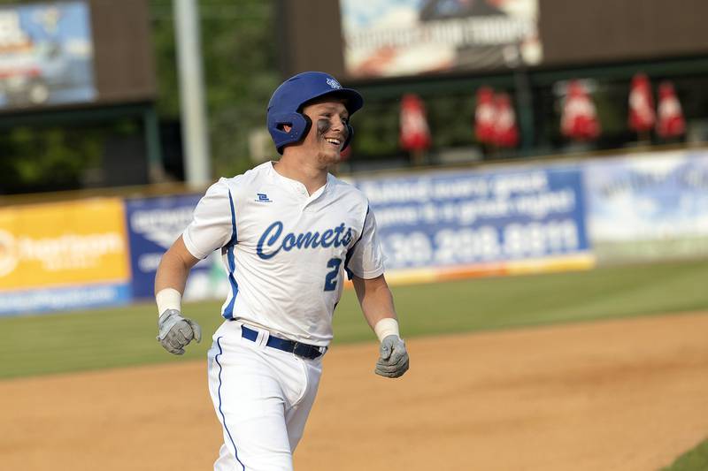 Newman’s Daniel Kelly smiles as he rounds the bases for his two-run run homer against Chicago Hope Monday, June 2, 2025, during the Class 2A Supersectional at Northwestern Medicine Field in Geneva.