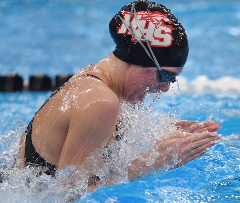 Huntley’s Olivia Rohde swims the 100-yard breaststroke during the girls state swimming preliminaries at the FMC Natatorium on Friday, Nov. 14, 2025 in Westmont.