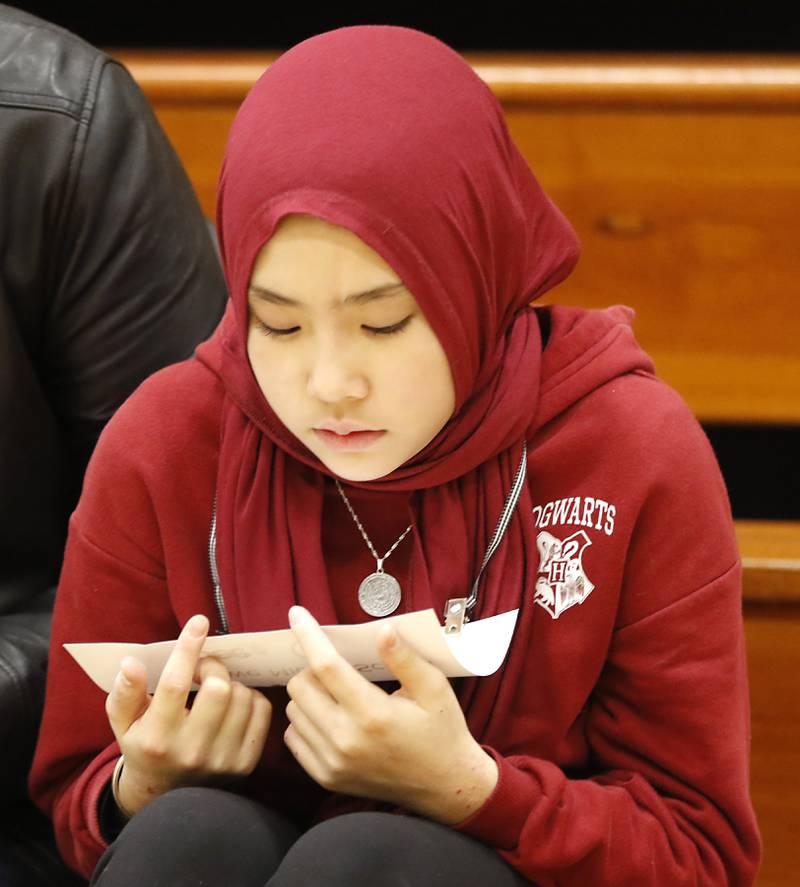 Shiran Uran, a student at Henry Marlowe Middle School, waits for the McHenry County Regional Office of Education’s 2025 Spelling Bee to start on Wednesday, March 19, 2025, at Bernotas Middle School in Crystal Lake.