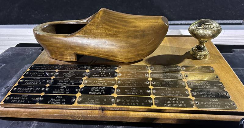 The traveling Wooden Shoe Trophy goes to the winner of the Fulton/Morrison football game each year. The Steamers won the game on Friday, Oct. 25, 2024 to keep the trophy.