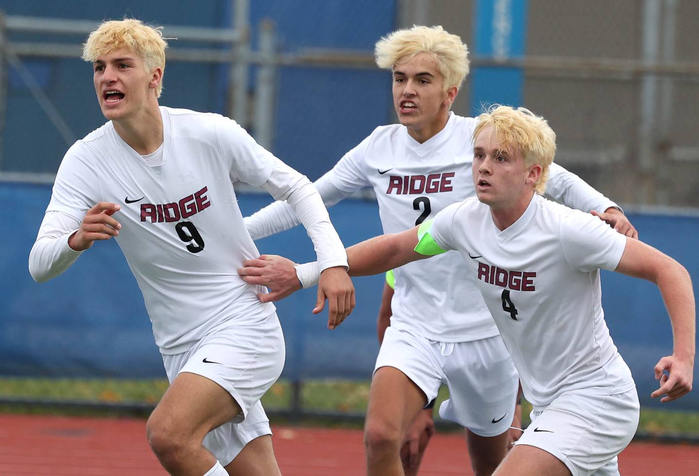 Prairie Ridge's Henry Knoll (left) celebrates his goal against Lemont Saturday, Nov. 9, 2024, during their Class 2A state third place game at Hoffman Estates High School.