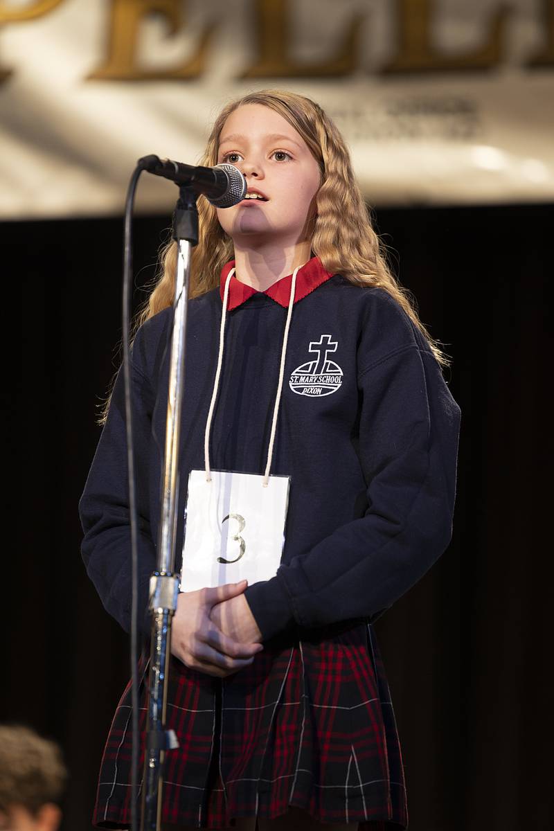 Elinor Pratt of St. Mary’s Catholic School of Dixon went out on the word "gruel" in round three Thursday, Feb. 20, 2025, at the Lee, Ogle, Whiteside County Spelling Bee.