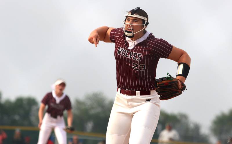 Prairie Ridge’s Reese Mosolino pumps her fist as the Wolves escape a sixth-inning Belvidere North rally with no runs scored in IHSA Class 3A Sectional Semifinal softball action at Sycamore High School in Sycamore on Thursday, June 5, 2025.