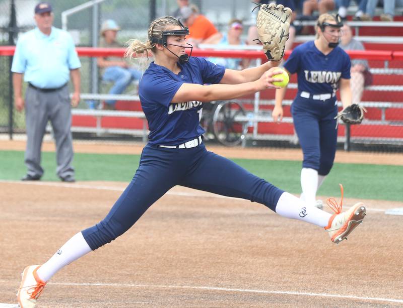 Lemont pitcher Sage Mardjetko delivers a pitch to St. Ignatius College Prep in the Class 3A State Championship game on Saturday, June 11, 2022 at Louisville Slugger Sports Complex in Peoria. Mardjetko pitched a no-hitter against St. Ignatius College Prep to win the state championship.