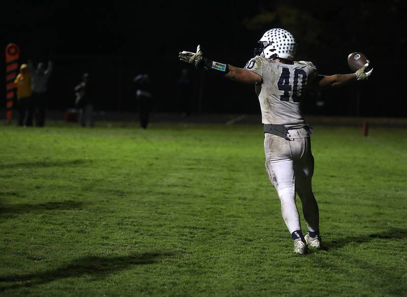 Cary-Grove's Logan Abrams celebrates a touchdown against Jacobs during a Fox Valley Conference football game on Friday, Oct. 24, 2025, at Jacobs High School in Algonquin.