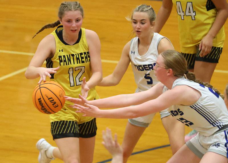 Princeton's Danika Burden, breaks up a pass from Putnam County's Chloe Parcher, during the Tiger Girls Basketball Holiday Tournament on Tuesday, Nov. 18, 2025 at Princeton High School.