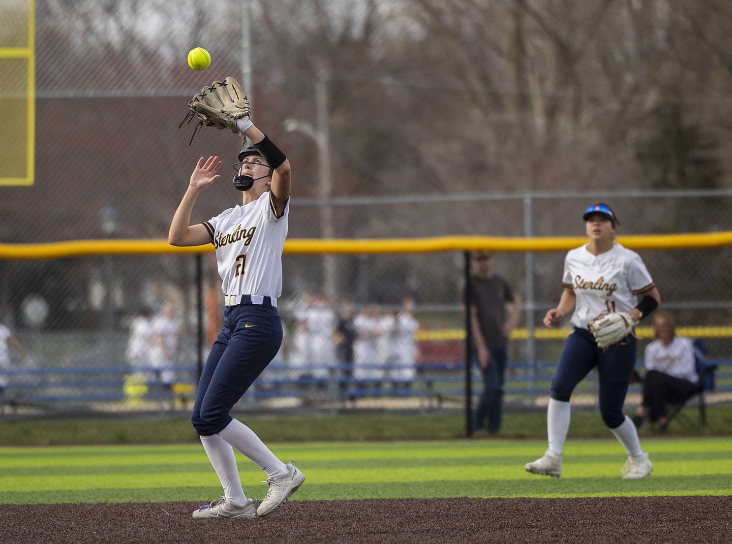 Sterling’s Kaitie Taylor hauls in a pop-fly against Rockridge Wednesday, April 10, 2024 at Sterling High School.