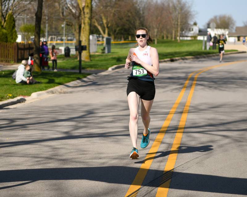 Danyelle Dron of Willowbrook was the first overall female of the Mustang Trot race on Sunday April 14, 2024, held at Downers Grove South High School.
