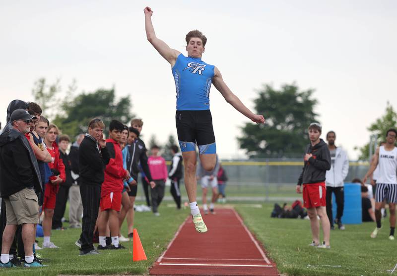 Burlington Central's Gavin Sarvis competes in the long jump Wednesday, May 18, 2022, at the Class 2A boys track sectional at Rochelle High School.