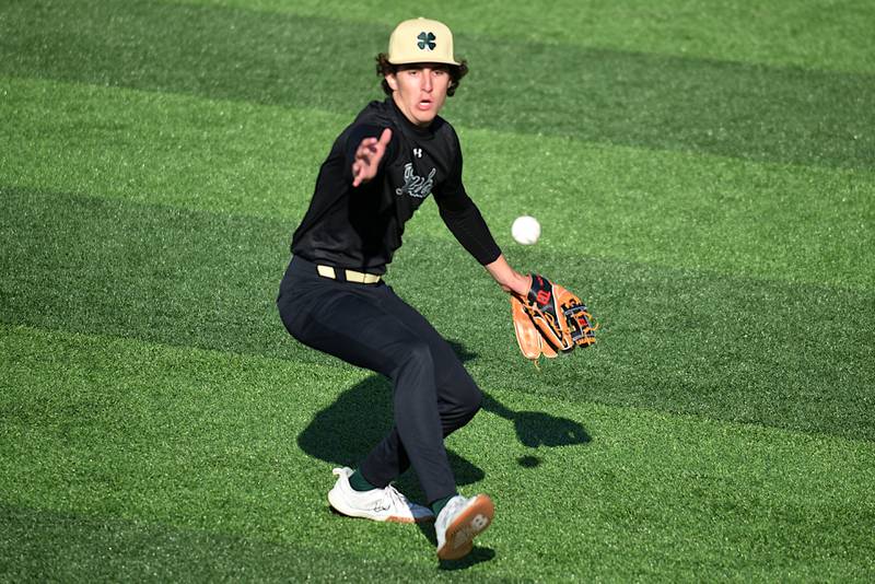 Bishop McNamara's Preston Payne attempts to field a Central bunt during the Class 2A Herscher Regional semifinals Thursday, May 22, 2025.