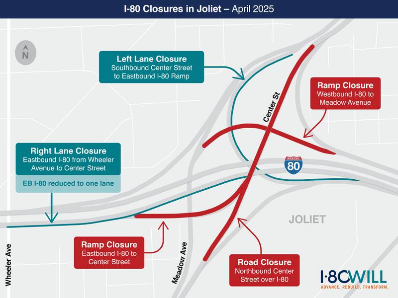 Map of emergency I-80 road and ramp closures in the Joliet area released by IDOT on Monday, April 7, 2025.