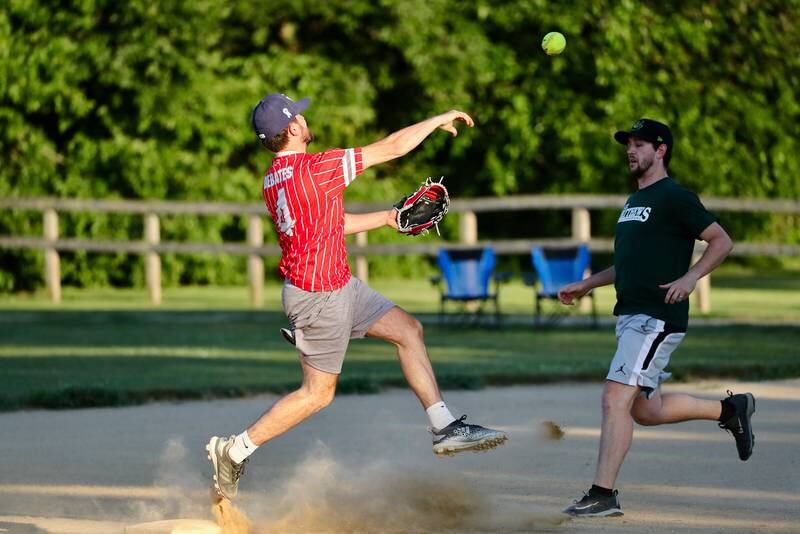 Malden Methodist's Austin DeBates gets the out at second on St. Matthew's Daniel Murray and makes the throw to first during Princeton Fastpitch Church League championship game Friday night at Westside Park.