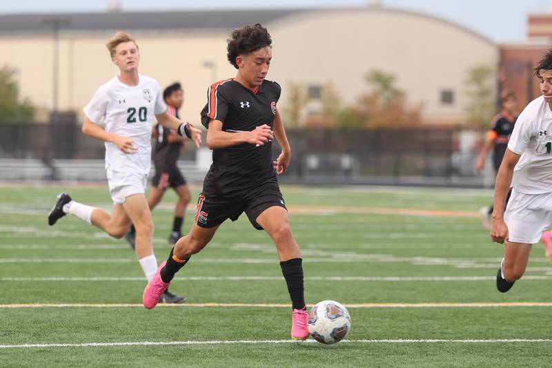 Plainfield East’s Juan Pablo Escobar makes a play against Plainfield Central on Tuesday, Sept. 19, in Plainfield.