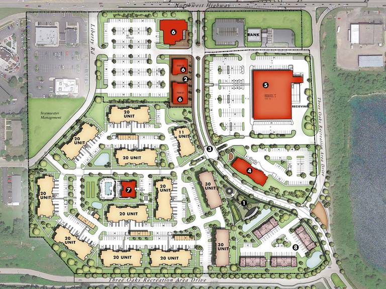 A site plan overview for "Water's Edge", a mixed-use development project adjacent to Three Oaks Recreation Area. The development would replace the abandoned Crystal Court Shopping Center off Rt 14.