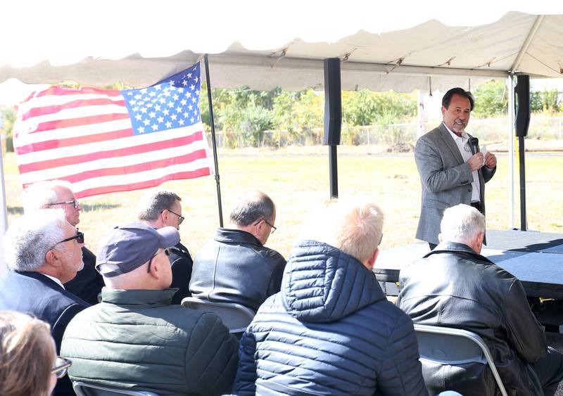 Ottawa YMCA executive director Joe Capece speaks to a large crowd during a groundbreaking ceremony for the new YMCA on Tuesday, Oct. 18, 2022 in Ottawa.