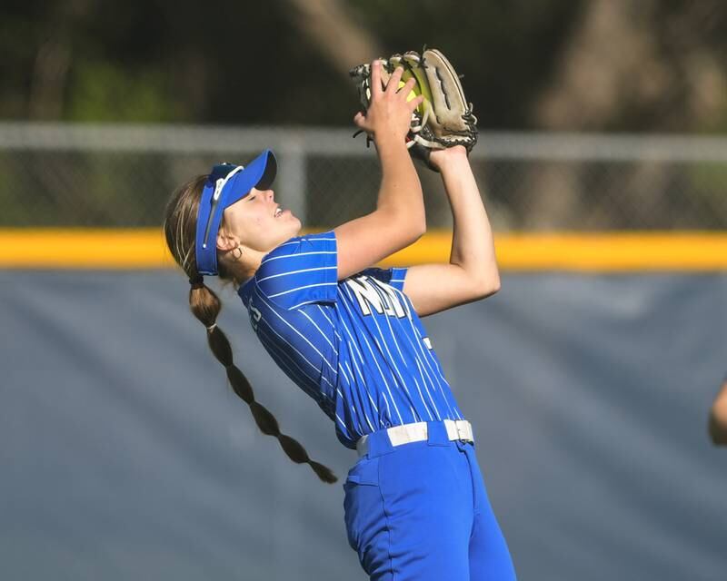 St. Charles North's Mackenzie Patterson (7) catches the ball for an out as they travel to take on Lake Park High School on Wednesday April 24, 2024.