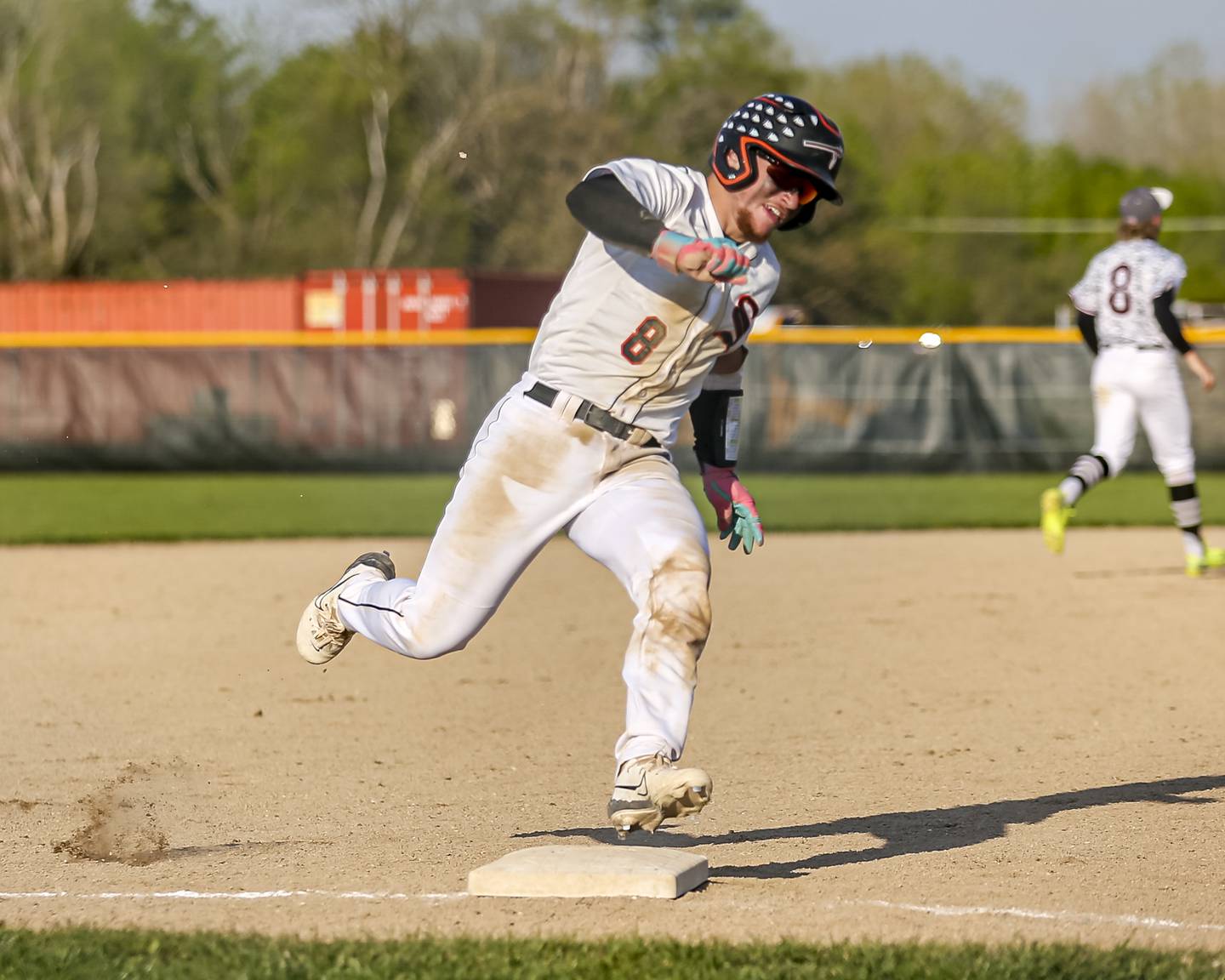 Sandwich's Jeffery Ashley (8) rounds third on the way to the plate during baseball game between Marengo at Sandwich Monday, May 5, 2025 in Sandwich.