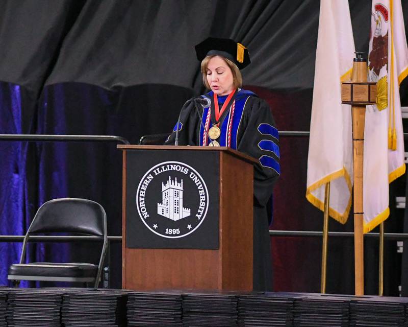 Northern Illinois University’s Laurie Elish-Piper the Executive Vice President and Provost speaks during the commencement ceremony on Saturday May 9, 2026, held at the Convocation Center in DeKalb.