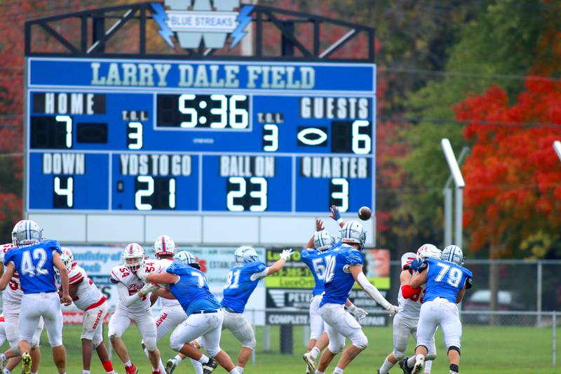 Woodstock’s Blue Streaks and Ottawa’s Pirates face off in varsity football at Larry Dale Field on the campus of Woodstock High School Saturday.