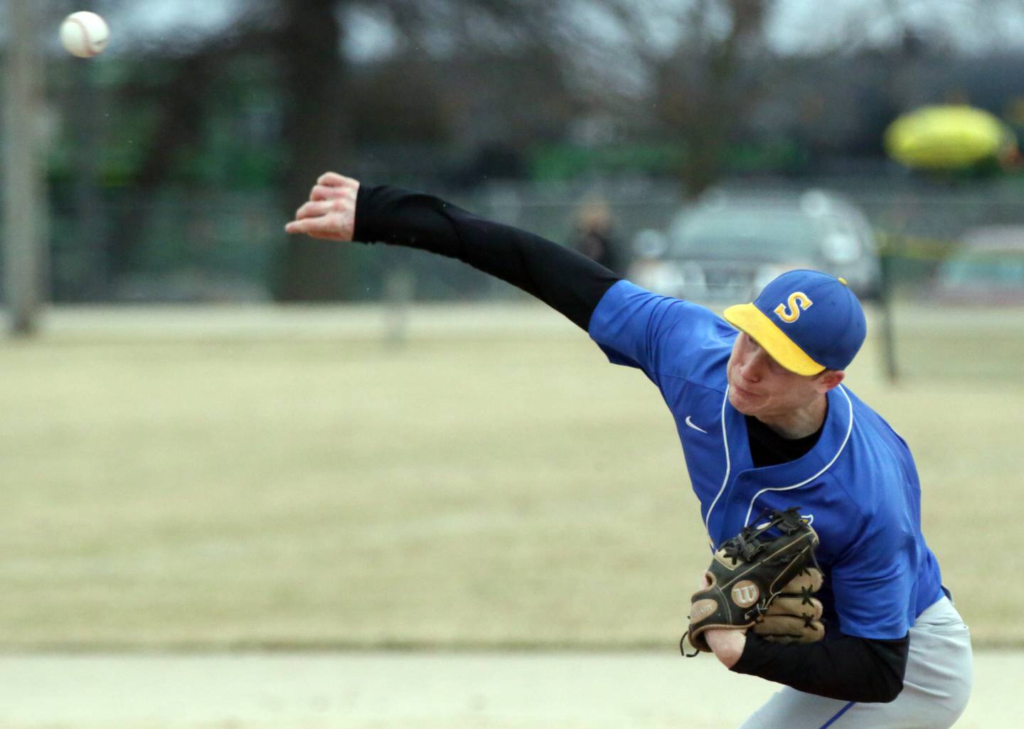 Somonauk's Brendan Roberts (24) delivers a pitch to Putnam County on Tuesday, March 22, 2022 in Somonauk. Roberts struck out 14 Panthers and allowed just one hit and two walks in six innings of work, but suffered the loss.