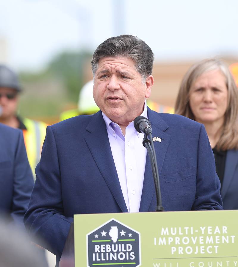 Governor JB Pritzker speaks at the construction kickoff for the new Interstate 80 Des Plaines River bridges on Friday, May 20, 2026 in Joliet.