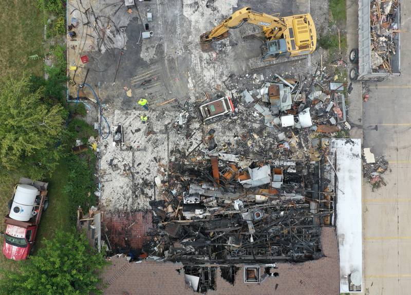 An aerial view of the demolition of Cindy's on 39 restaurant (formally Delaney's) on Tuesday, Aug. 29, 2023 in Oglesby. A fire destroyed the restaurant in April.  Otterbach Demolition in Mendota are removing debris from the establishment