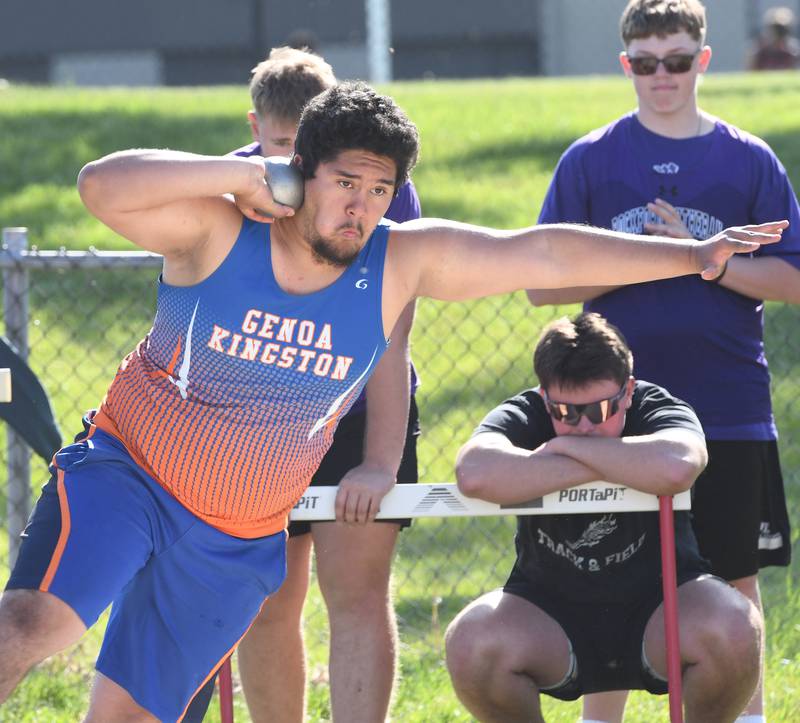 Genoa Kingston's Andrew Rocha winds up to throw the shot put at the Big Northern Conference Meet at Stillman Valley on Thursday, May 14, 2026.