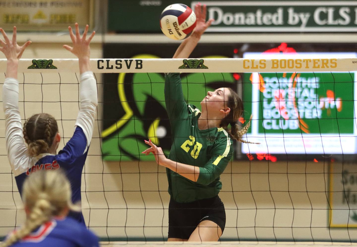 Crystal Lake South’s Morgan Johnson hits the ball against Lakes in IHSA Class 3A Sectional semifinal volleyball action on Tuesday, Nov. 5, 2024, at  Crystal Lake South High School  in Crystal Lake.