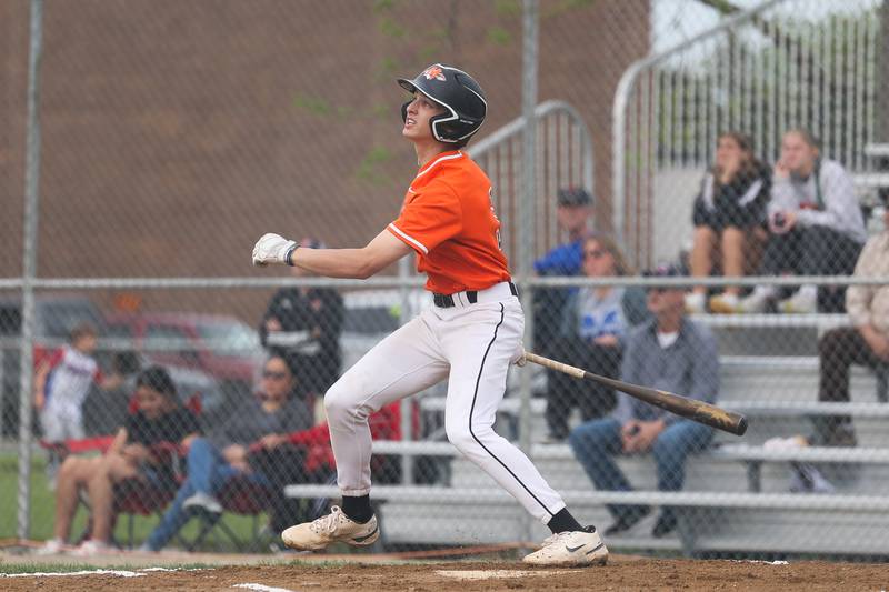 Minooka’s Brayden Zillis connects for a double to lead off against Plainfield North on Thursday, May 2, 2024 in Minooka.